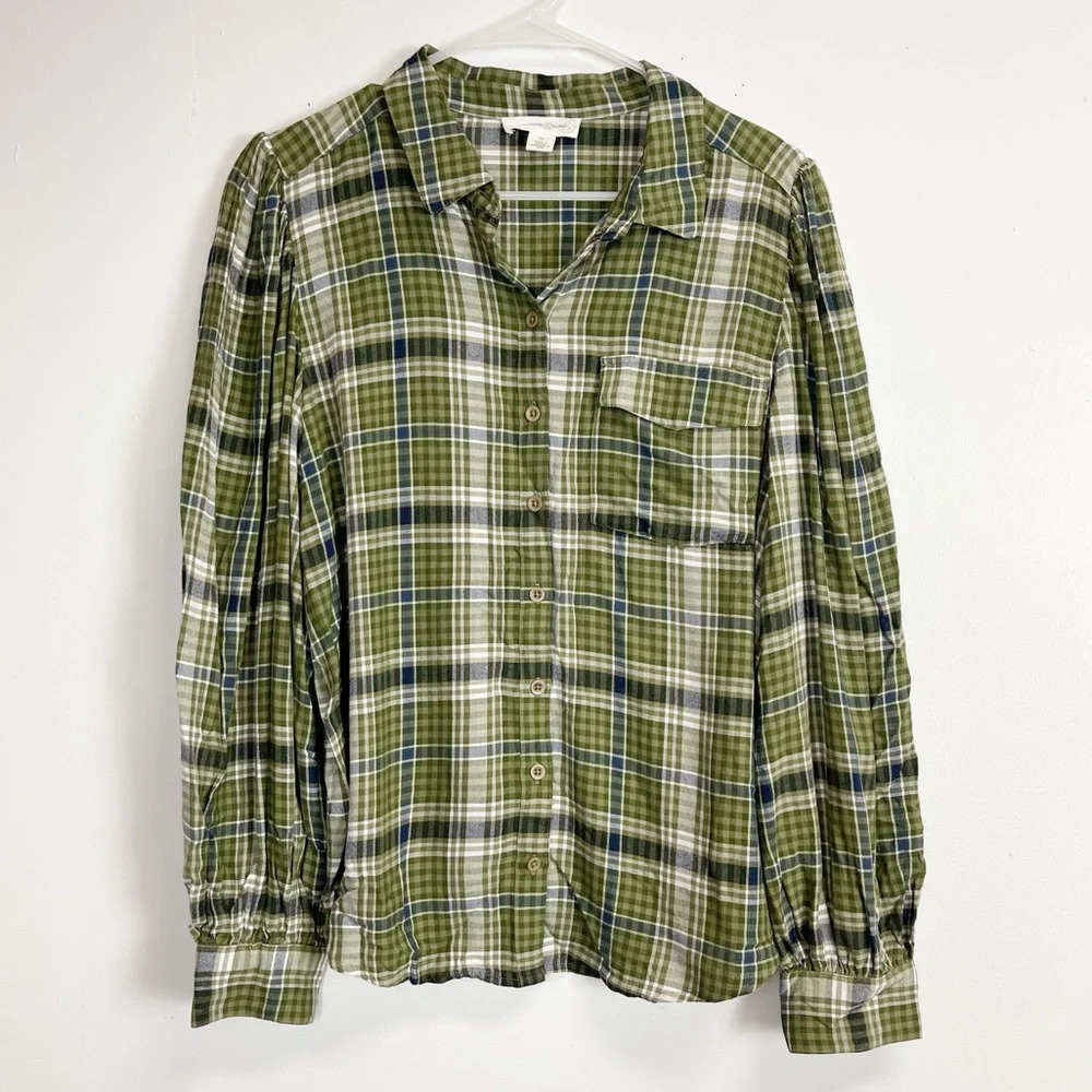 NEW Treasure & Bond Shirt Womens Medium Green Plaid Button Up Blouse NWOT